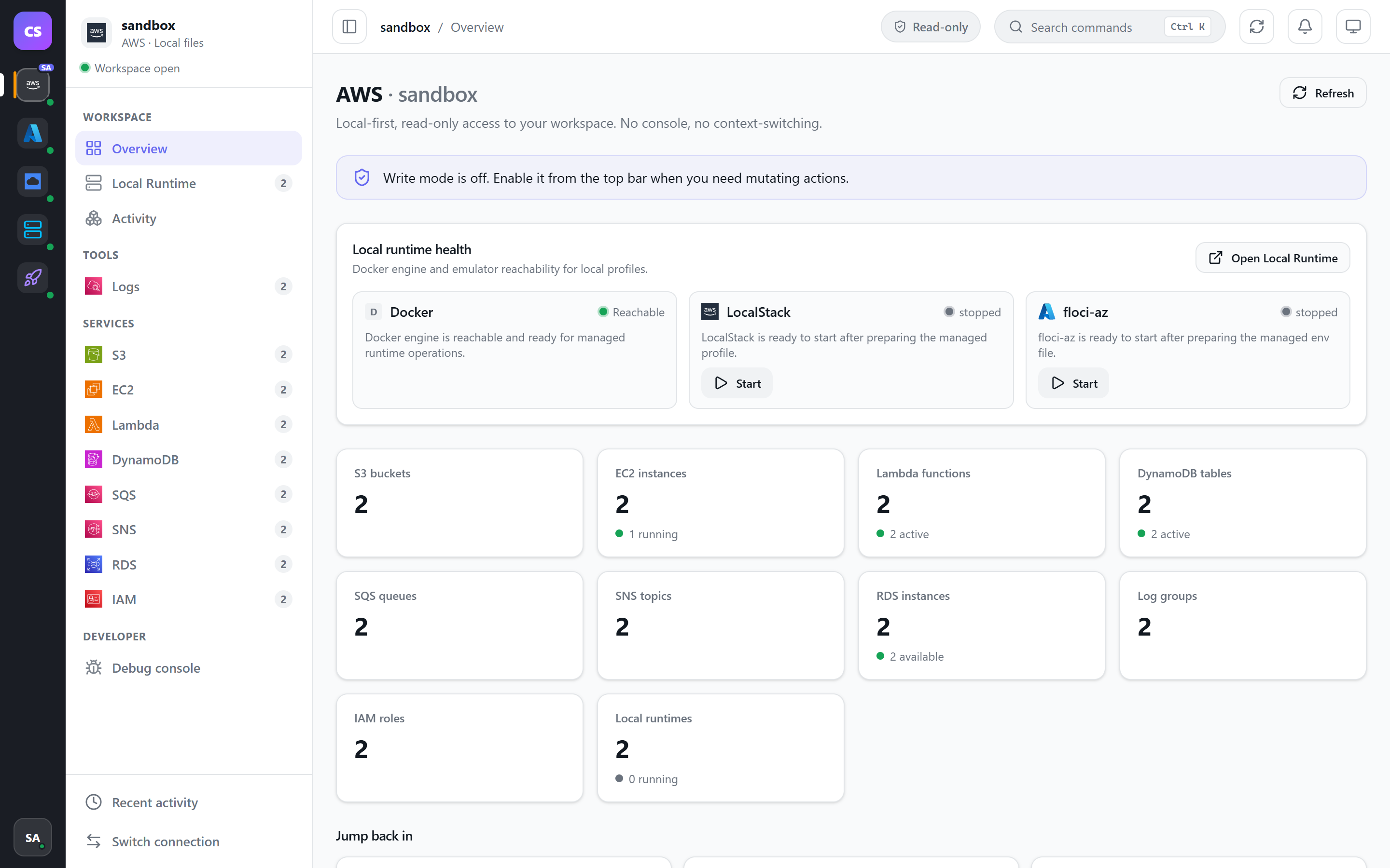CloudSprocket desktop app showing an AWS sandbox workspace with local runtime health, service counts, and resource navigation